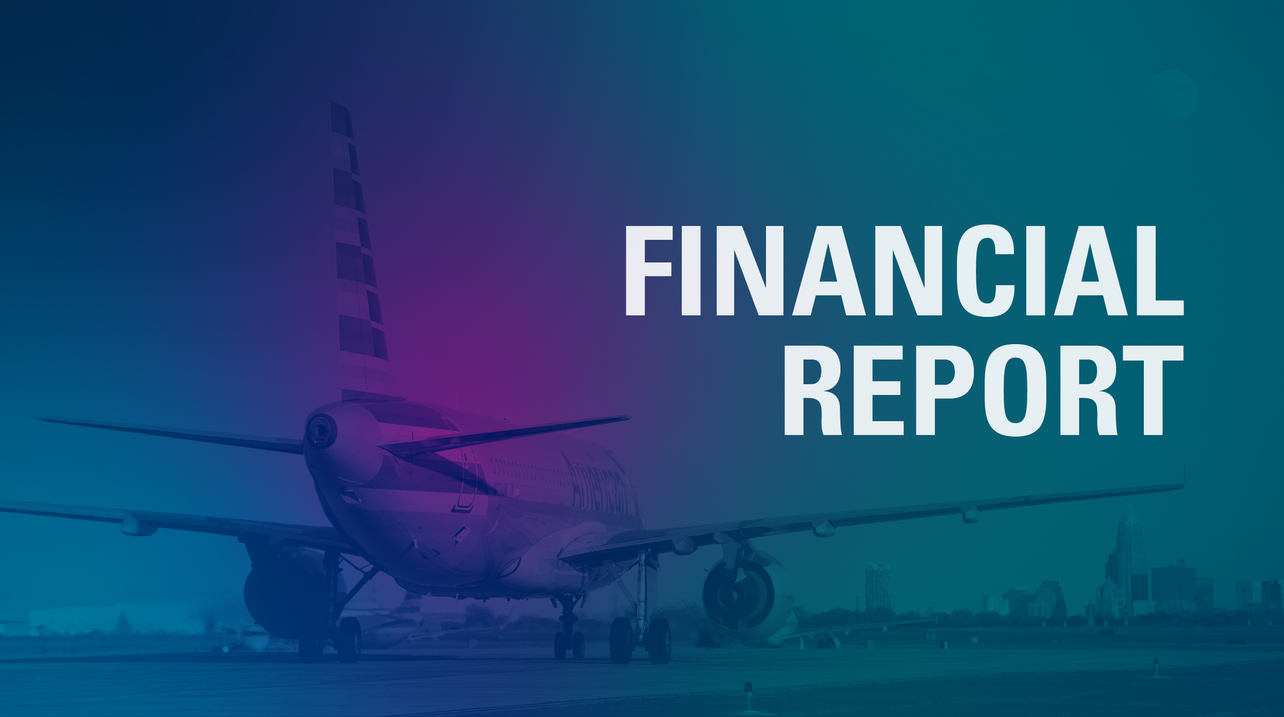 Financial Report graphic with an airplane and gradient color scheme of blue, teal and purple