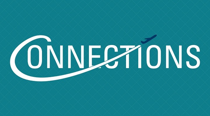 Connections graphic, teal background with white lettering and small blue airplane taking off