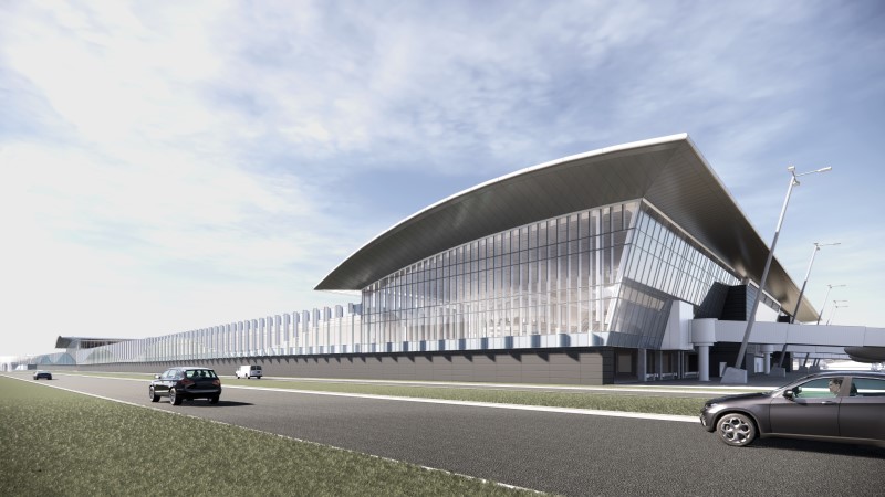 Rendering of Concourse A Phase 2 Expansion , roadway with cars, sunny day, featuring side building view of new expansion