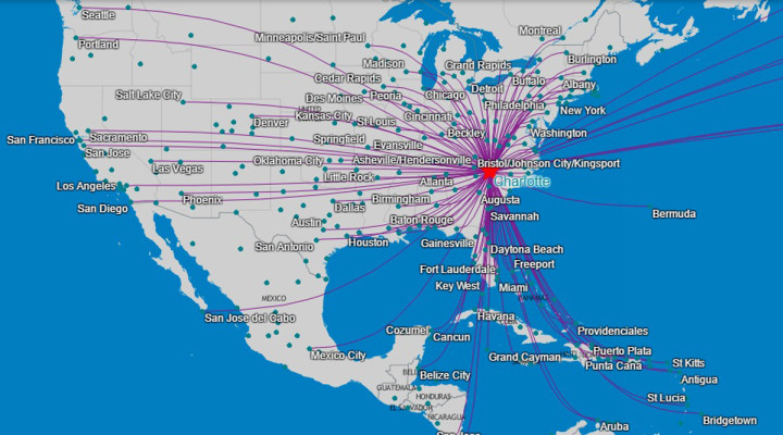 flight tracker image of map of the USA with destinations pointing to Charlotte, NC from places around the world