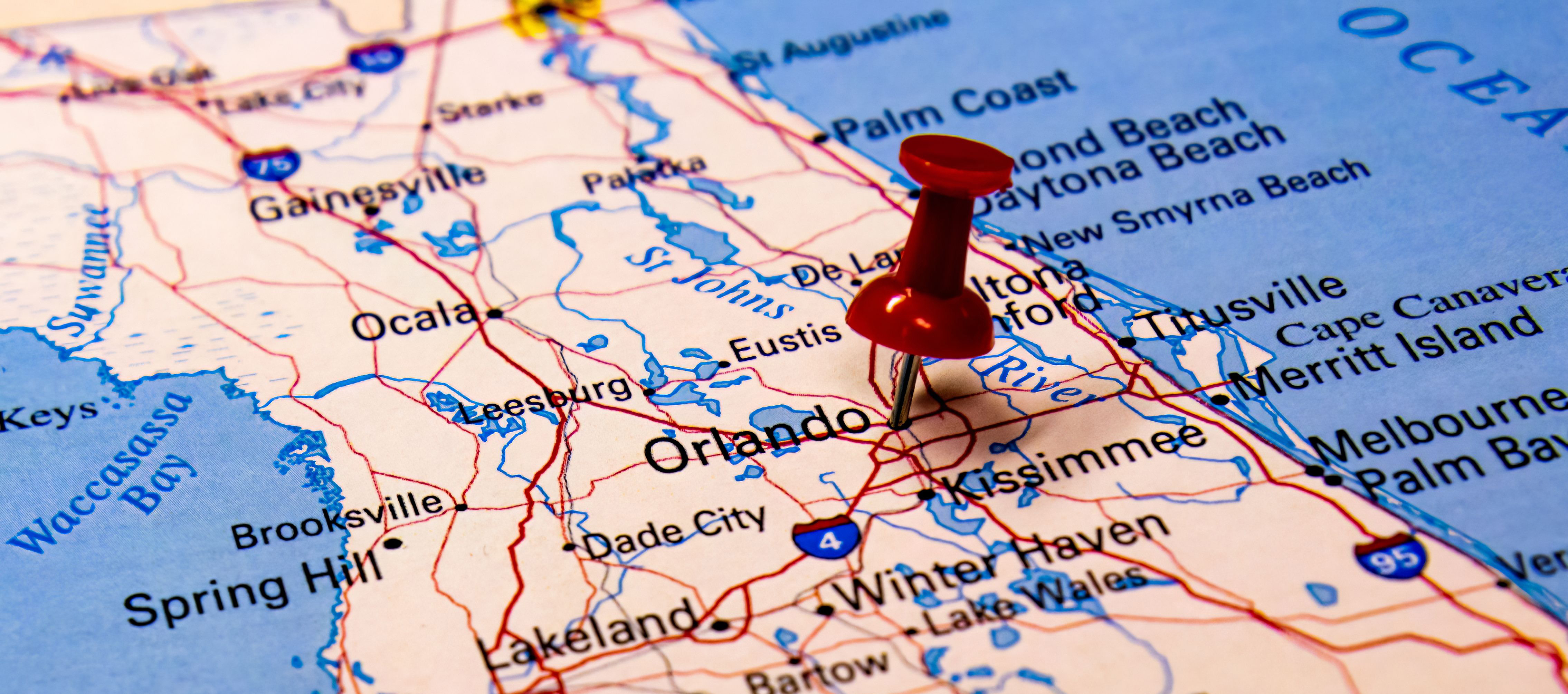 Map of Florida with a thumb tack on Orlando, surrounding cities are shown